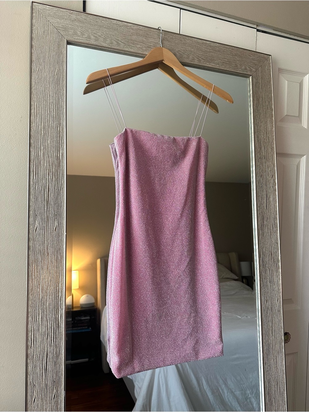 MESHKI Pink Metallic Glitter Spaghetti Strap Bodycon Mini Dress Size Small